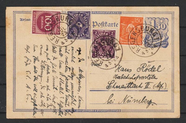 MiNr. 224 b MiF auf Postkarte REGENSBURG 6.JUL.23, geprüft (0782)