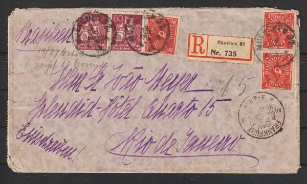 MMiNr. 164 (30x) 206, 225 (2x) auf R-Brief  MÜNCHEN 28.OKT.22 nach Rio de Janeiro   (0784)