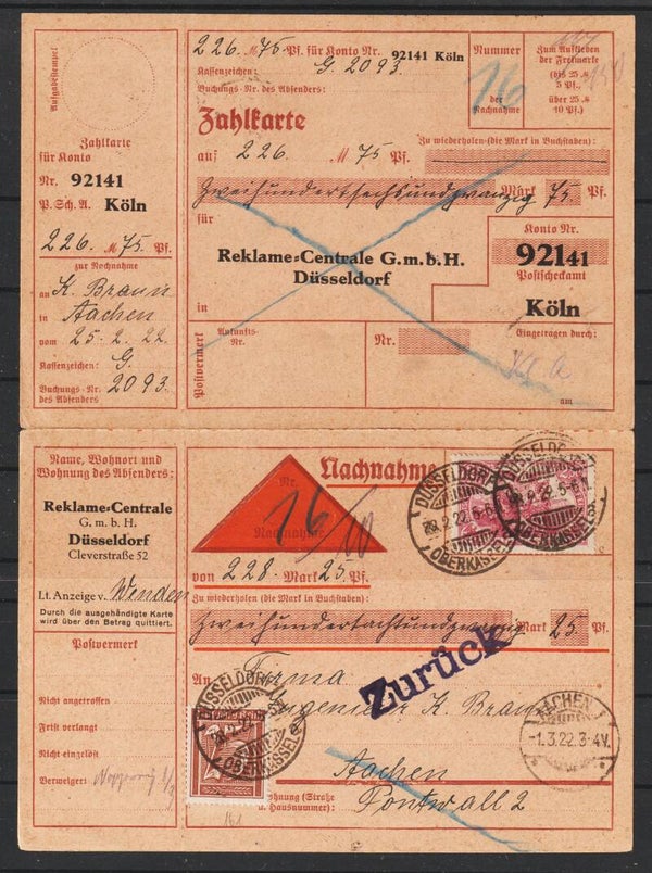 MiNr. 115 c, 161 auf Nachnahme Karte DÜSSELDORF 28.2.22, geprüft  (0785)