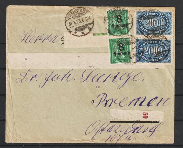 MiNr. 253 b (2x), 278 (2x) Brief  TRAUSTADT 31.8.23, Letzttag PP 16  (0786)