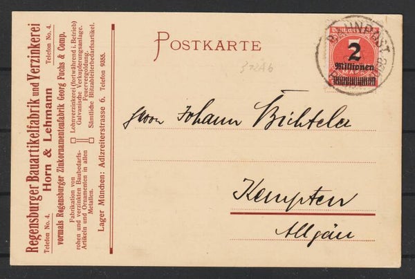 MiNr. 312 Ab EF auf Postkarte  BAHNPOST REGENSBURG 11.OKT.23   (0787)