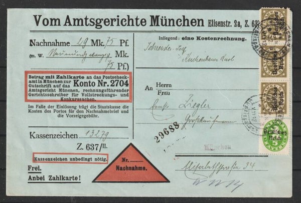 MiNr. D45 (3x), D 34 auf Brief "Amtsgericht München" MÜNCHEN 24.JAN.22  (0787)