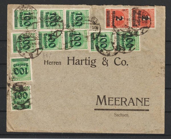 MiNr. 312 (2x), 290 (10x) auf Brief  ELBERFELD 11.10.23  (0790)