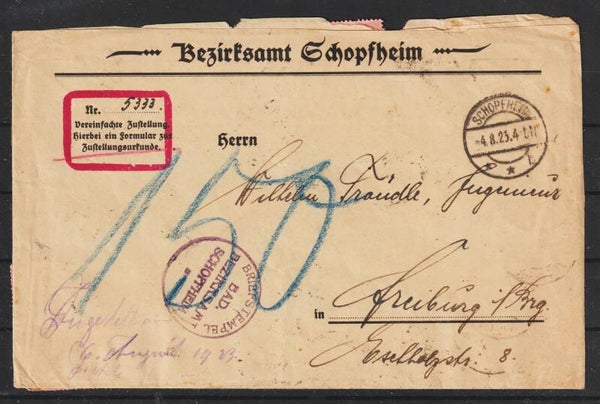 MiNr. D 73 (2x), D 74 (28x) Brief SCHOPFHEIM 4.8.23  (0791)