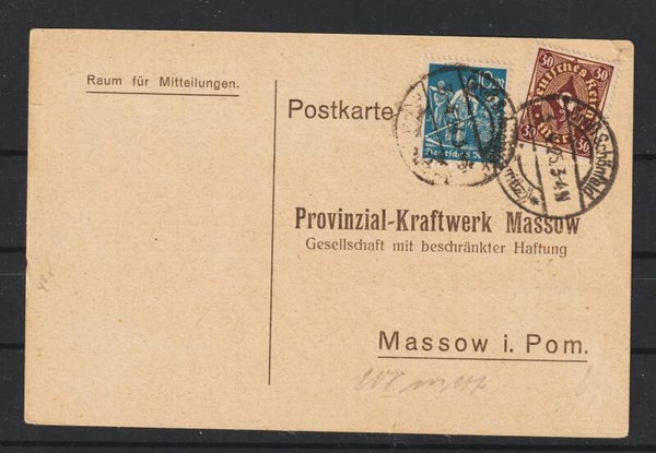 MiNr. 208, 239 Postkarte "Provinzial-Kraftwerk Massow" GROSS SCHÖNEFELD 3.4.23 (0792)