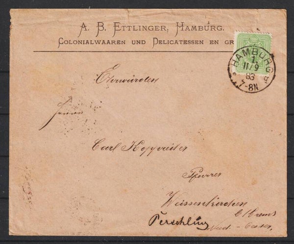 MiNr. 39 Drucksache Colonialwaaren und Delicatessen en gros - A. B. Ettlinger   (0802)