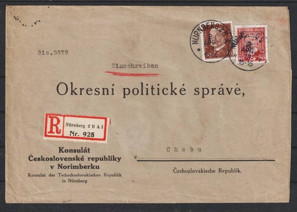 MiNr. 363, 420 auf R-Brief vom Tschechischen Konsulat in Nürnberg (0803)