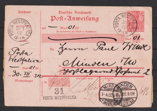 Postanweisung von Porta Westfalica nach Minden vom 30.3.02 mit (0804)