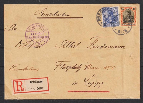 MiNr. 87, 88 auf R Brief von Roßlingen nach Leipzig, zensiert  (0805)
