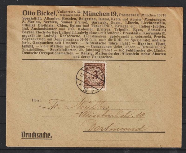 MiNr. 338 Drucksache vom Briefmarkenhändler "Otto Bickel" aus Münschen (0807)