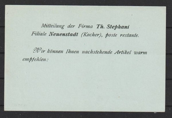 Ganzsache PP "Firma Th. Stephani Neustadt (Kocher)"  (0807)