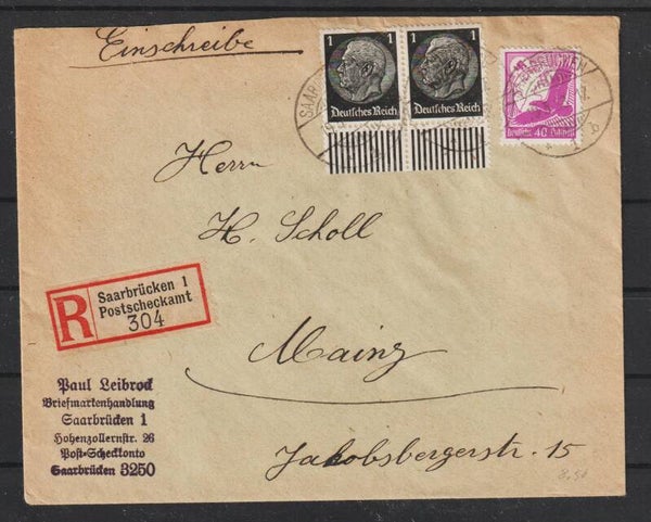 portogerechter Einschreiben-Brief von Saarbrücken nach Mainz  (0812)