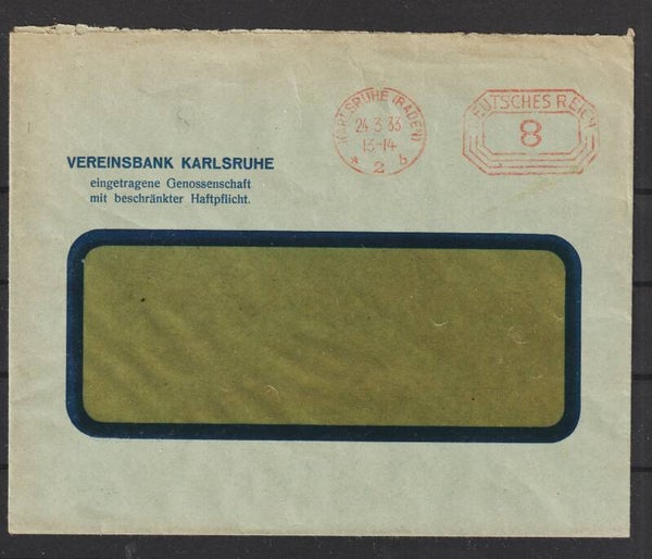 Freistempel 8 Pfennig, Kopftstehende 8, KARLSRUHE 24.3.33  (0815)