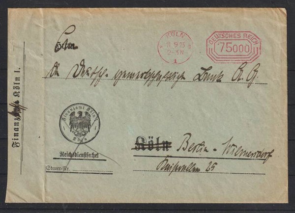 Freistempel 75.000 Mark a. Brief KÖLN 11.9.23  (0836)
