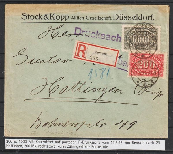 MiNr. 248, 252 auf portogerechter R-Drucksache BENRATH 13.8.23, Custos-Stempel (0837)