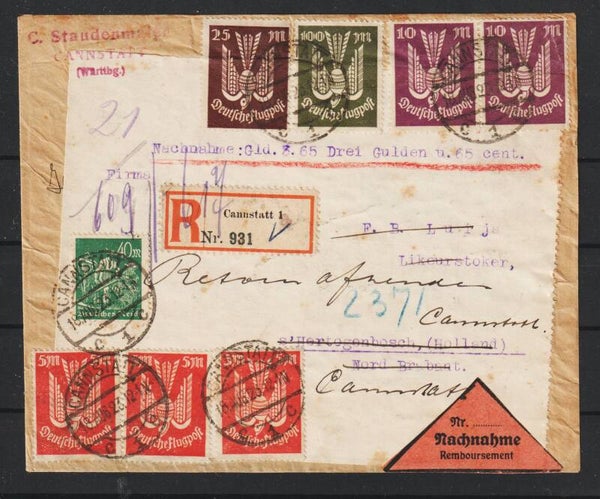 MiNr. 263 (3x), 266 (5x) auf NN R-Brief CANNSTADT 18.AUG.23 in die Niederlande (0837)