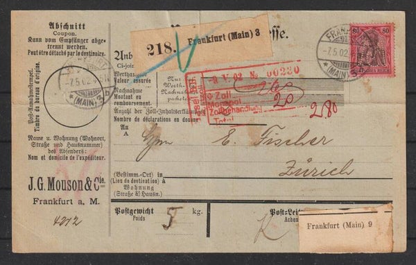 MiNr. 77 auf Paket Begleitkarte von Frankfurt nach Zürich (0838)