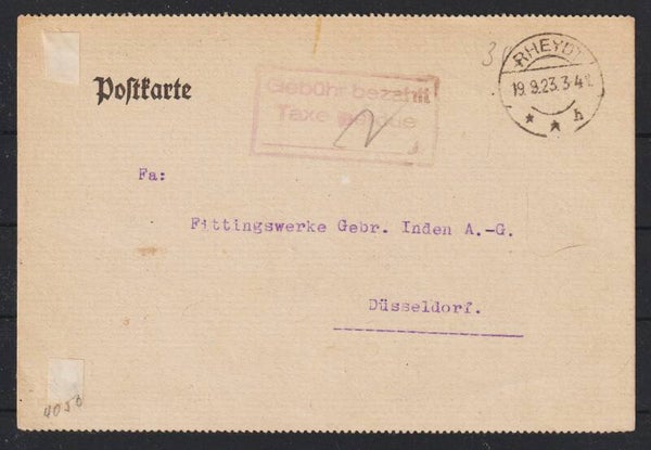 "Gebühr bezahlt" auf Postkarte  RHEYDT 19.9.23  (0839)
