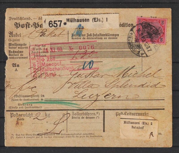 MiNr. 77 auf Paket-Begleitkarte von Mülhausen (Elsass) nach Luzern (0841)