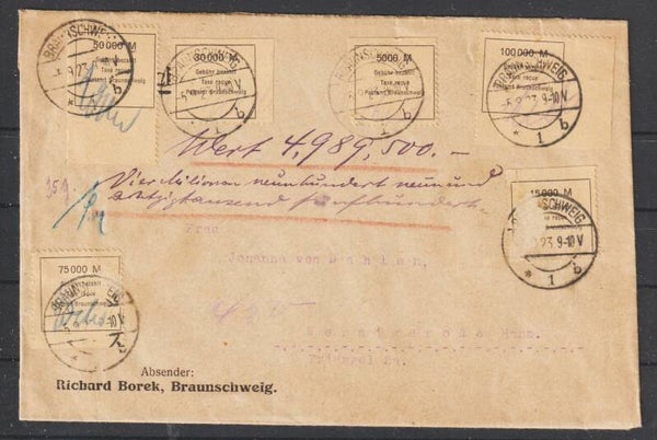 Gebührenzettel der Fa. Borek MiNr. I auf Wertbrief BRAUNSCHWEIG 5.9.23 (0841)