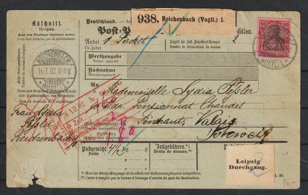 MiNr. 77 EF auf Paket Begleitkarte in die Schweiz (0842)