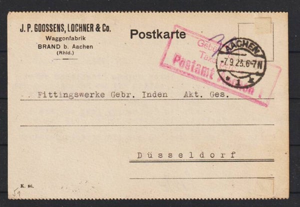 "Gebühr bezahlt" auf Postkarte "J.P.Groossens, Waggonfabrik" AACHEN 7.9.23  (0842)