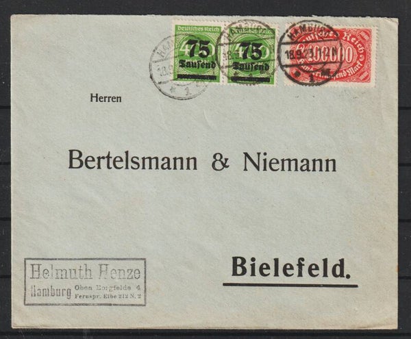 MiNr. 257,  287 (2x) auf Brief  HAMBURG 18.9.23  (0843)