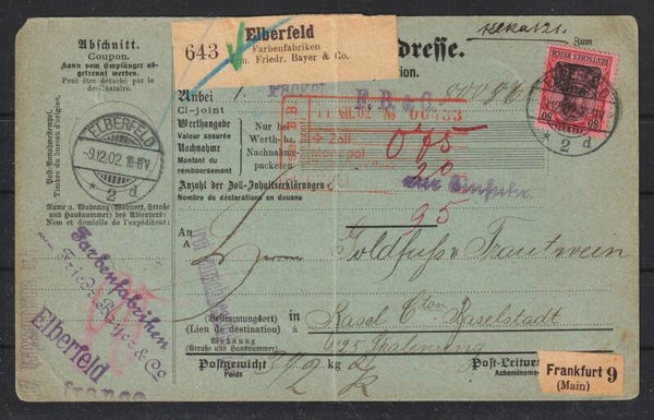 MiNr. 77 Einzelfrankatur auf Paket Begleitkarte in die Schweiz  (0843)