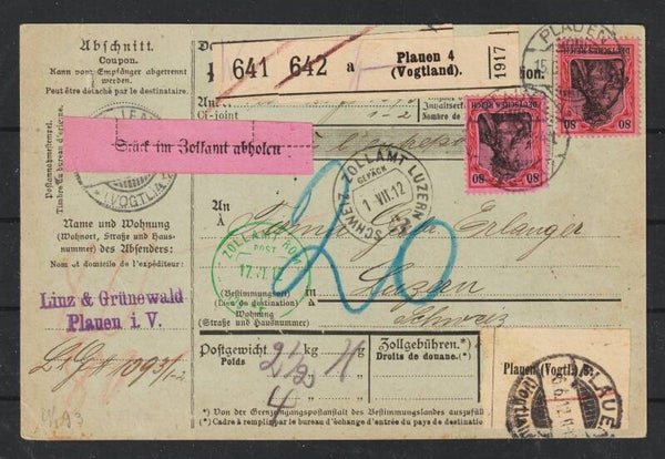 MiNr. 93 I MeF auf Paketkarte, PLAUEN 15.6.12  (s24011)