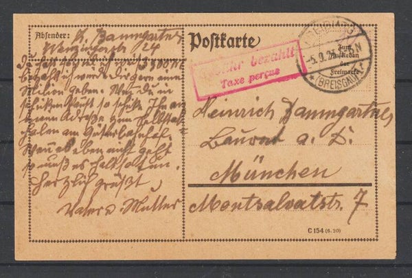"Gebühr bezahlt" auf Postkarte FREIBURG (BREISGAU)  5.9.23  (0843)