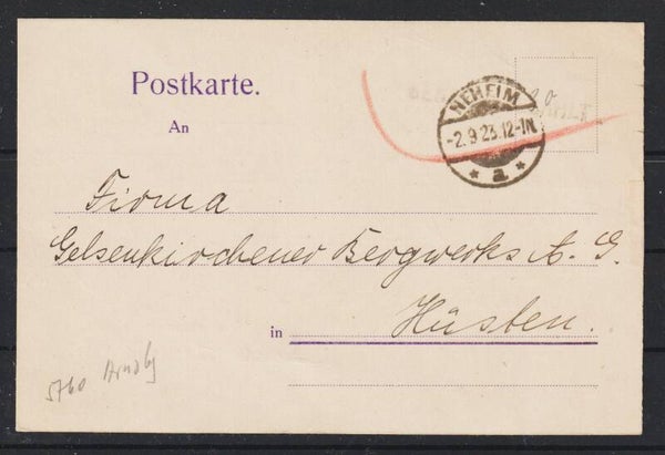 "Gebühr bezahlt" auf Postkarte NEHEIM 2.9.23  (0843)
