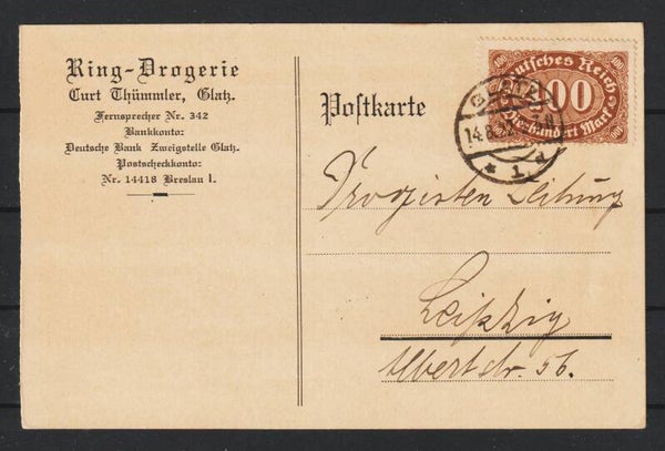 MiNr. 222 auf Postkarte "King-Drogerie Curt Thümmler" GLATZ 14.8.22   (0845)