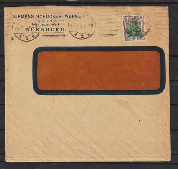 MiNr. 150 als Einzelfrankatur auf Orts-Brief Nürnberg 24.7.22  (0846)