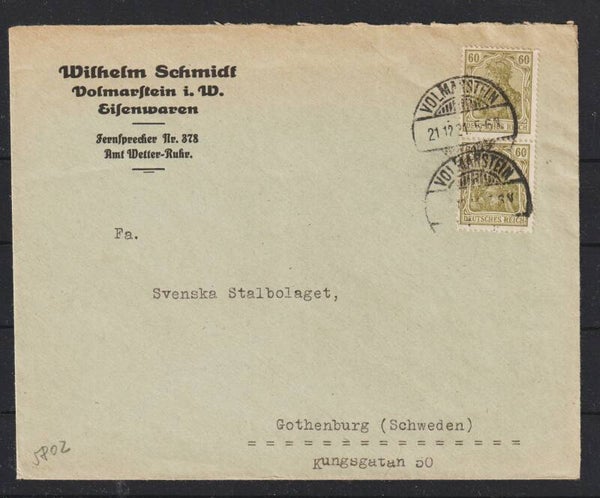 MiNr. 147 (2x) Brief "Seifenwaren Wilhelm Schmidt" VOLMARSTEIN  21.12.21  (0850)