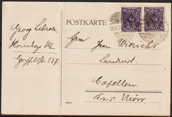 MiNr. 230W / 230W auf Postkarte HOMBERG 28.6.23 (0853)