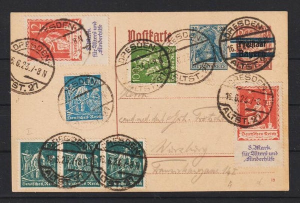 MiNr. 234 (2x) 170 (3x) u.a. auf Postkarte DRESDEN 16.6.23   (0855)