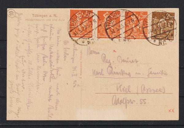 MiNr. 238 (3x), 242 auf AK TÜBINGEN 31.5.23   (0855)