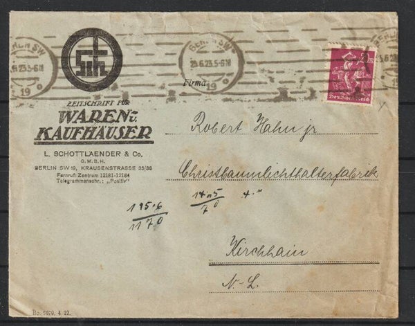 MiNr. 241 auf Firmen Brief "L. Schottlaender Zeitschrift für Waren Kaufhäuser" BERLIN 25.6.23  (0855)