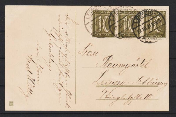 MiNr. 159 (3x) auf Gebutstags Karte   LEIPZIG 12.10.21  (0857)