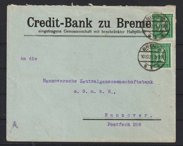 MiNr. 162 (2x) auf Brief "Credit-Bank" BREMEN 10.10.21  (0863)