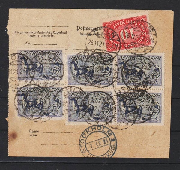 MiNr. 176 (6x), 175, 150 (2x) auf Paketkarte CÖLN 26.11.21 (0863)