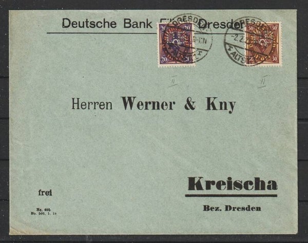 MiNr. 207 W, 208 W auf Brief DRESDEN 2.2.23, Firmenlochung DB (0863)