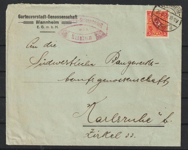 MiNr. 172 auf Brief "Gartenvorstadt-Genossenschaft" MANNHEIM 26.8.22  (0864)