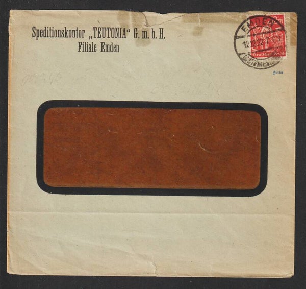 MiNr. 240 auf Brief, “Speditionskontor TEUTONIA GmbH” EMDEN 12.12.22 (0864)