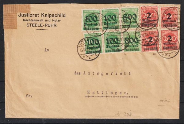 MiNr. 308 b (2x) auf Brief STEHLE 13.10.23, geprüft  (0864)