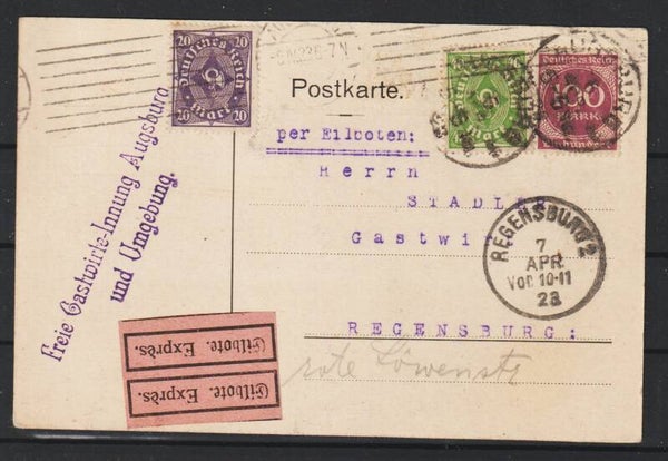 MiNr. 230, 232, 268 Express Postkarte NÜRNBERG 6.4.23  (0865)