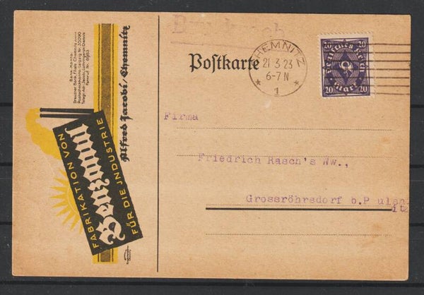 MiNr. 230 W Postkarte "Benzanul-Fabrikation für die Industrie" CHEMNITZ 21.3.23  (0865)