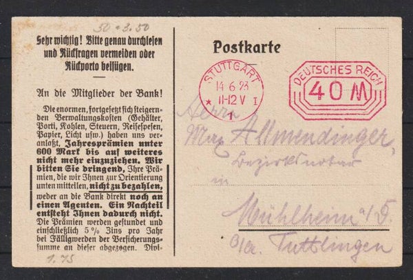 Freistempel 40 M "Stuttgarter Lebensversicherungsbank"  STUTTGART 14.6.23  (0865)