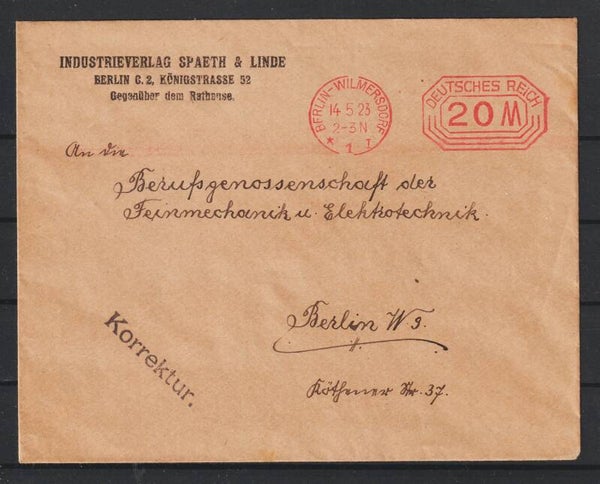 Freistempel 20 Mark  "Industrieverlag Spaeth und Linde"  BERLIN WILMERSDORF  14.5.21  (0865)