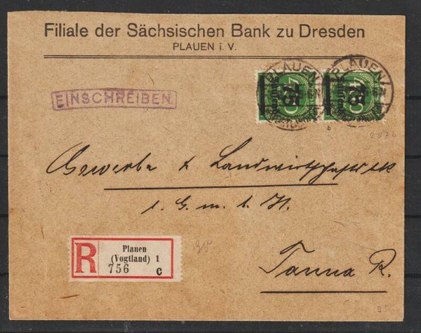 MiNr. 287 b (2x) auf R-Brief PLAUEN 3.9.23, geprüft (0866)